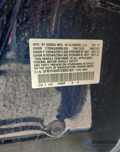 2014 Honda Pilot Touring from USA, damaged, VIN 5FNYF4H97EB051631